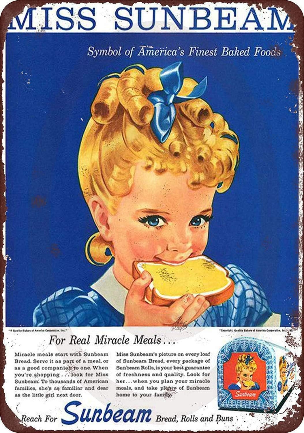 FDerks Wall Plaque 8X12 Inch 1950's Miss Sunbeam Bread Vintage Rustic Retro Metal Sign Man Cave Garage Tin Plate