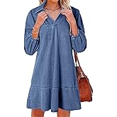 CHARTOU Women 3/4 Sleeve Ruffle Denim Dress Summer Collared V Neck Loose Shirt Jean Dress with Pockets