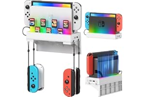 AUARTE RGB Switch Wall Mount Kit for Nintendo Switch OLED, Dock Console Holder Stand with 7 Light Modes, 7 Card Slots, 4 Joypad Hangers, 2 USB Ports, Behind TV, Snow White
