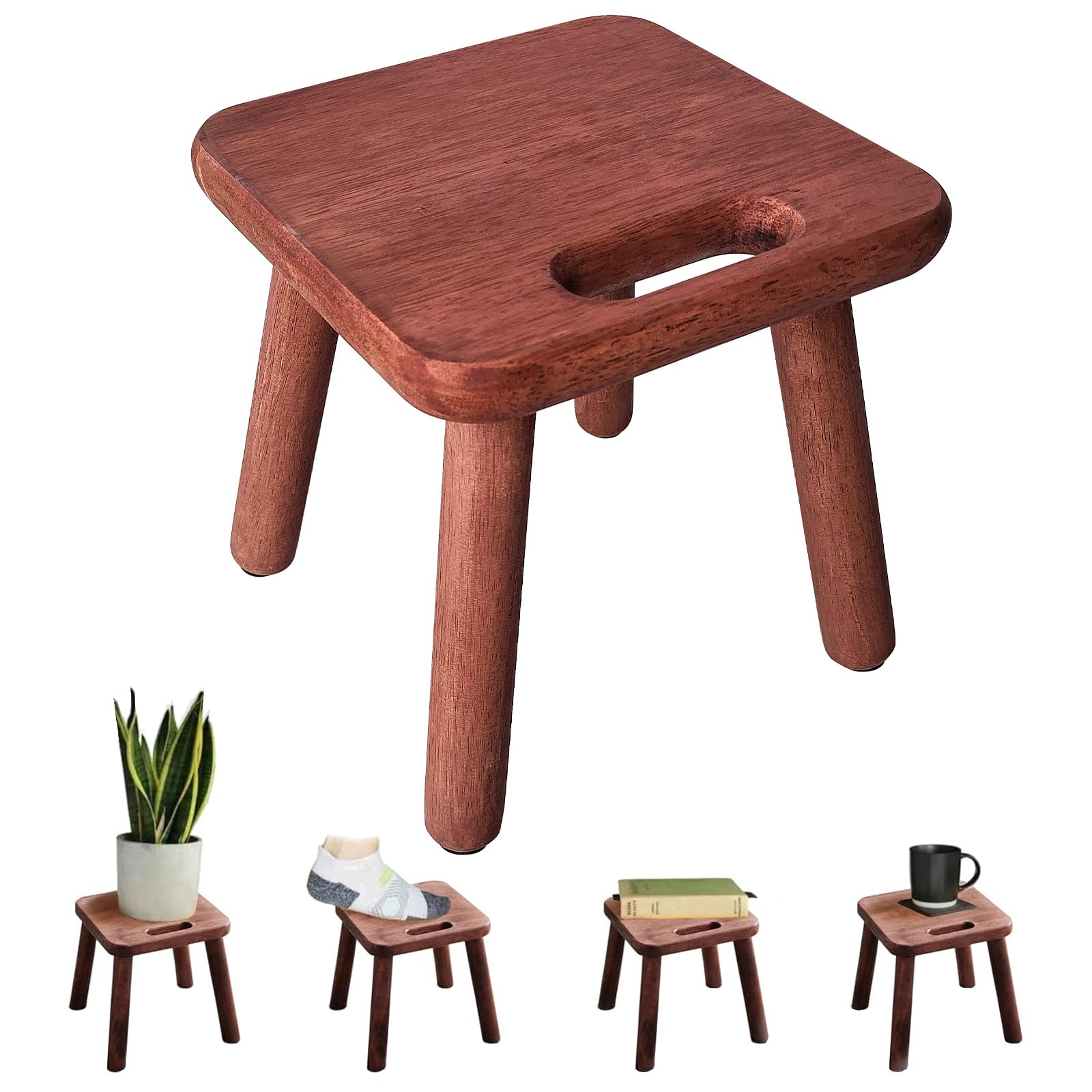 Yier Mei Handle Small Wooden Stool, Square Plant Stand Indoor Stool Small Side Table for House Plants, Kids Step Stool for Bedroom Bedside or Bathroom (Walnut Color,24cm)