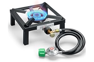 COOKAMP Single High Pressure Burner Angle Iron Camp Portable Stove Propane Burner with 0-3 PSI Adjustable Regulator and Hose[SA1200]