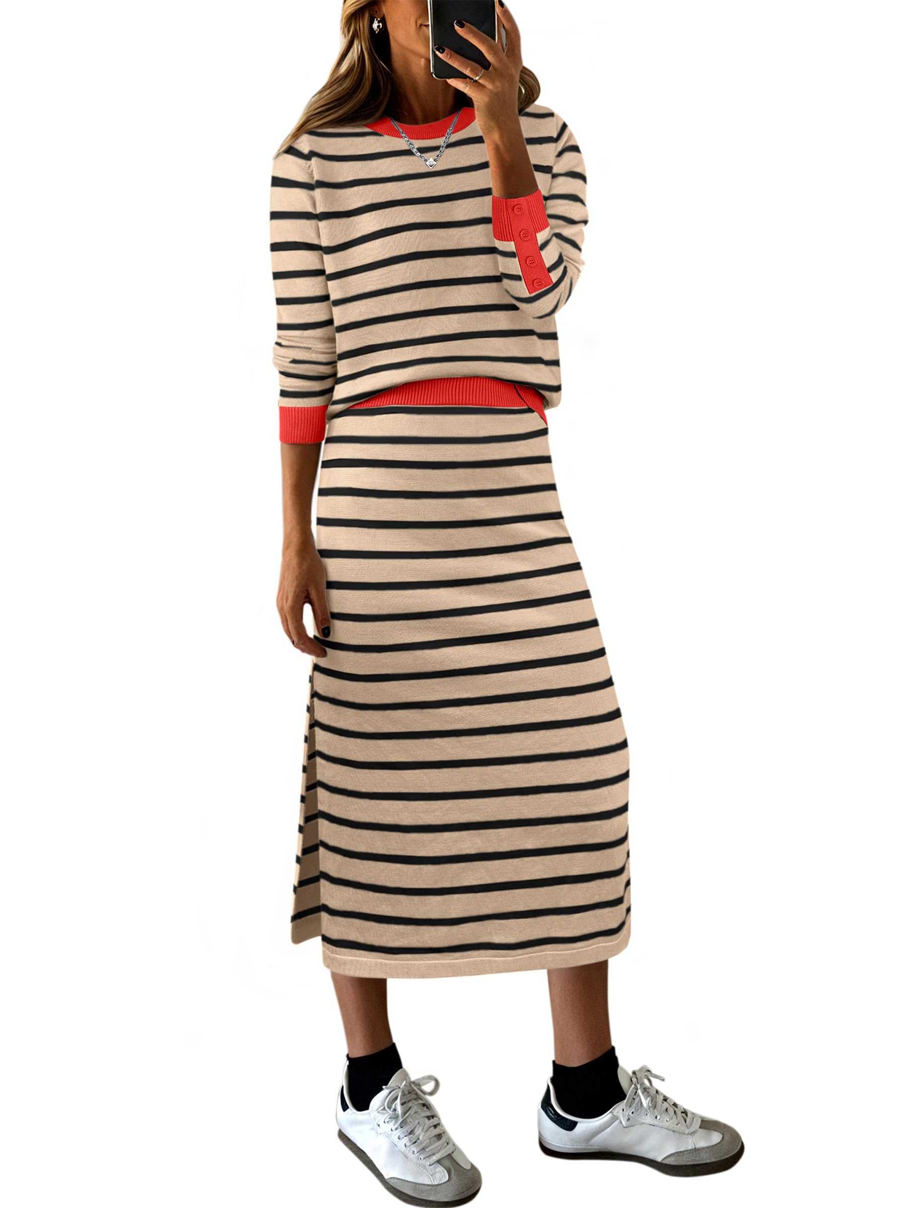 ANRABESS 2 Piece Skirts Sets For Women Fall Fashion 2025 Striped Sweater Midi Dress Knit Lounge Travel Outfits Winter Clothes Khaki Black Red XX-Large Image