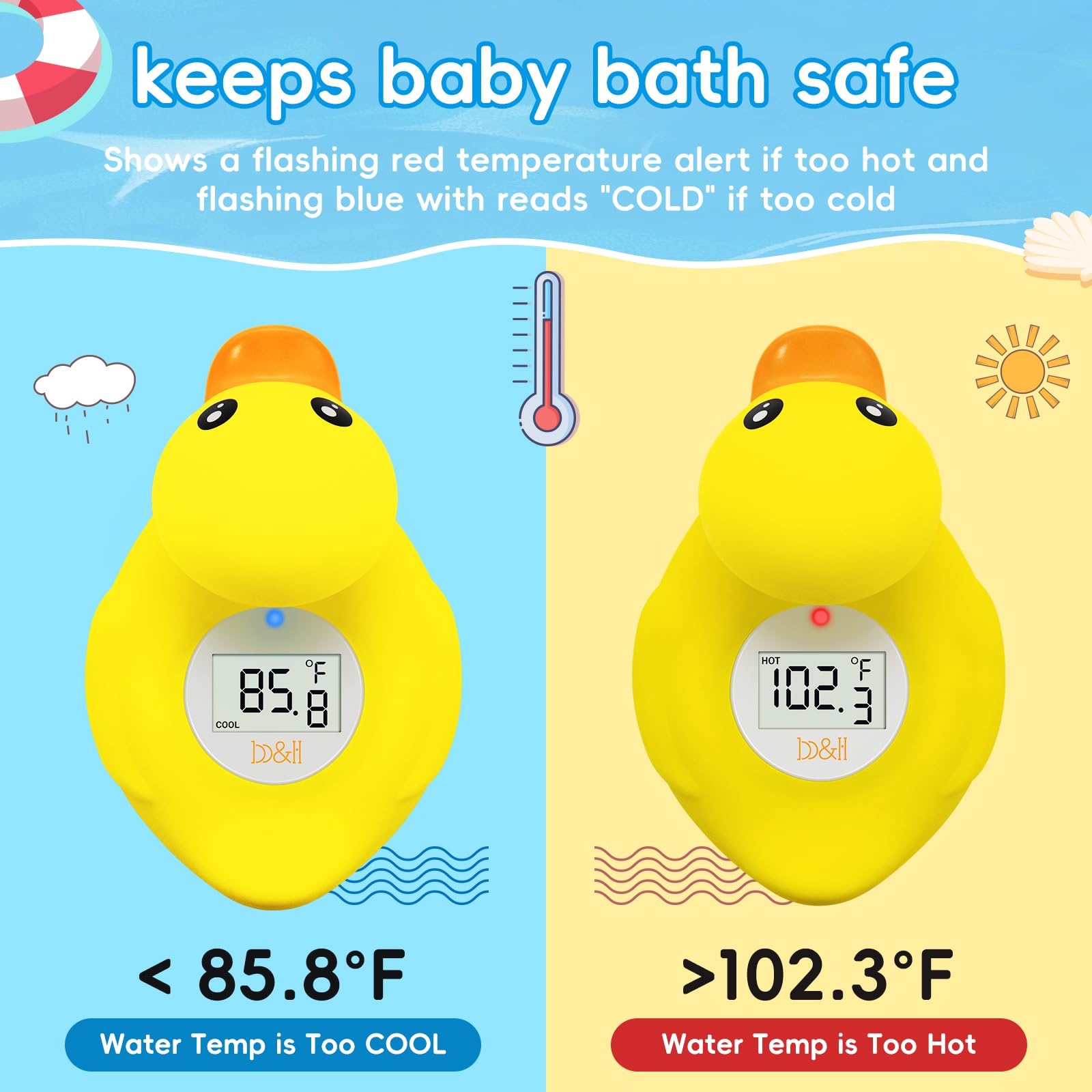 B&H Duck Baby Bath Thermometer, Digtal Newborn Tub Thermometer for Accurately Measuring Baby's Water Temperature, BPA Free, Toddlers Safety Floating Toy