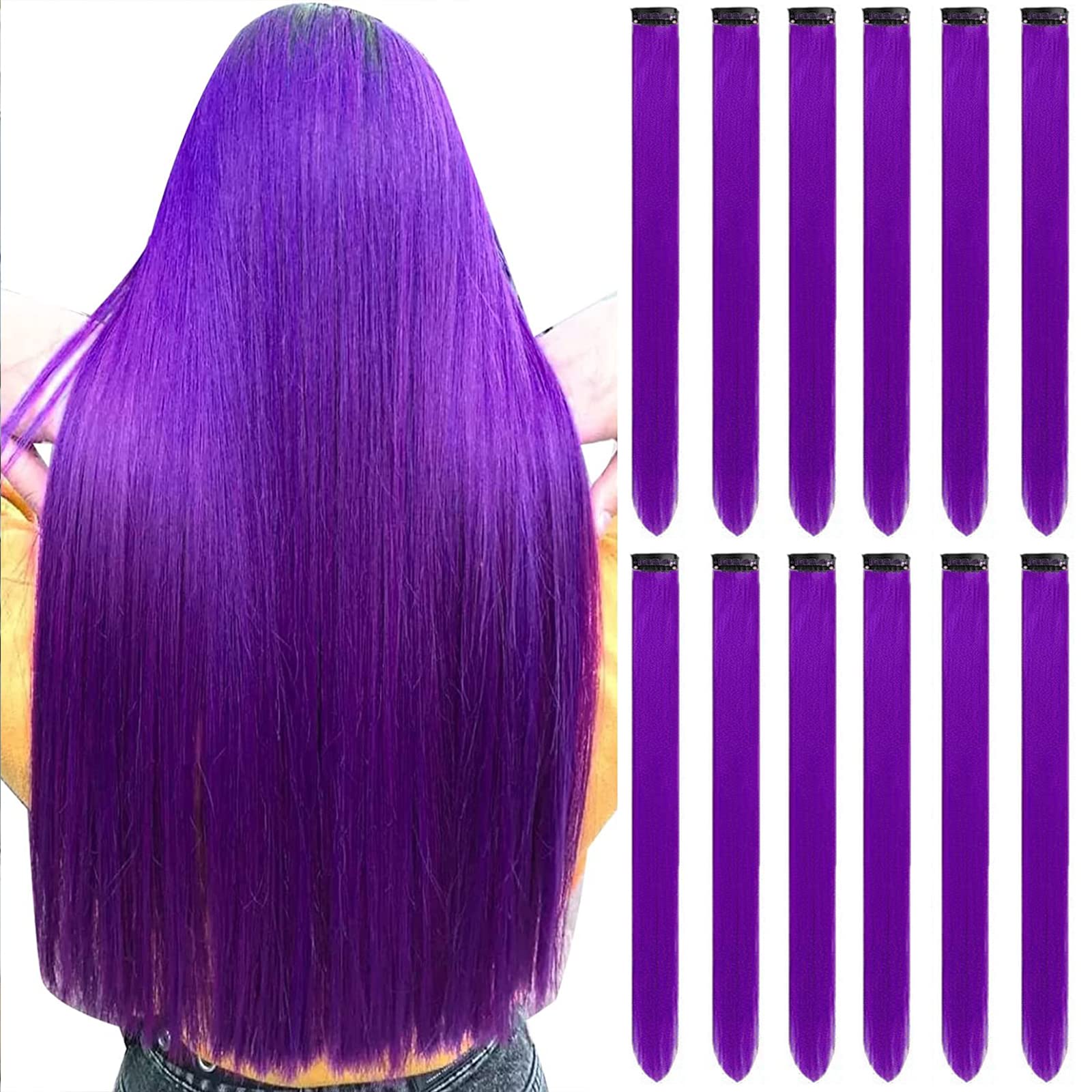 Photo 1 of 12 PCS Purple Hair Extensions Clip in, Colored Party Highlights Extension for Kids Girls Synthetic Hairpiece Straight 22 inch