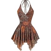 BEAUDRM Women's Hippie Mini Dress Western Cowgirl Dress Festival Outfits | Boho Halter Dress, Western Cowgirl, Paisley, Ruffle, Lace, Asymmetrical, Y2k, Rave Outfit