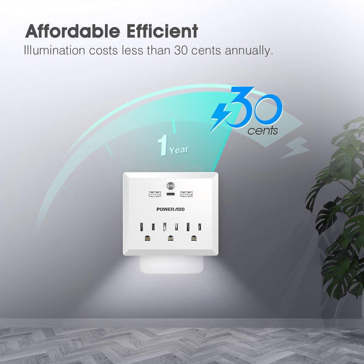 Poweradd Wall Adapter Surge Protector with 3 AC Outlet, 2 USB Charging Ports, a Type-C port, and a Warm White LED Dusk-To-Dawn Night light, White