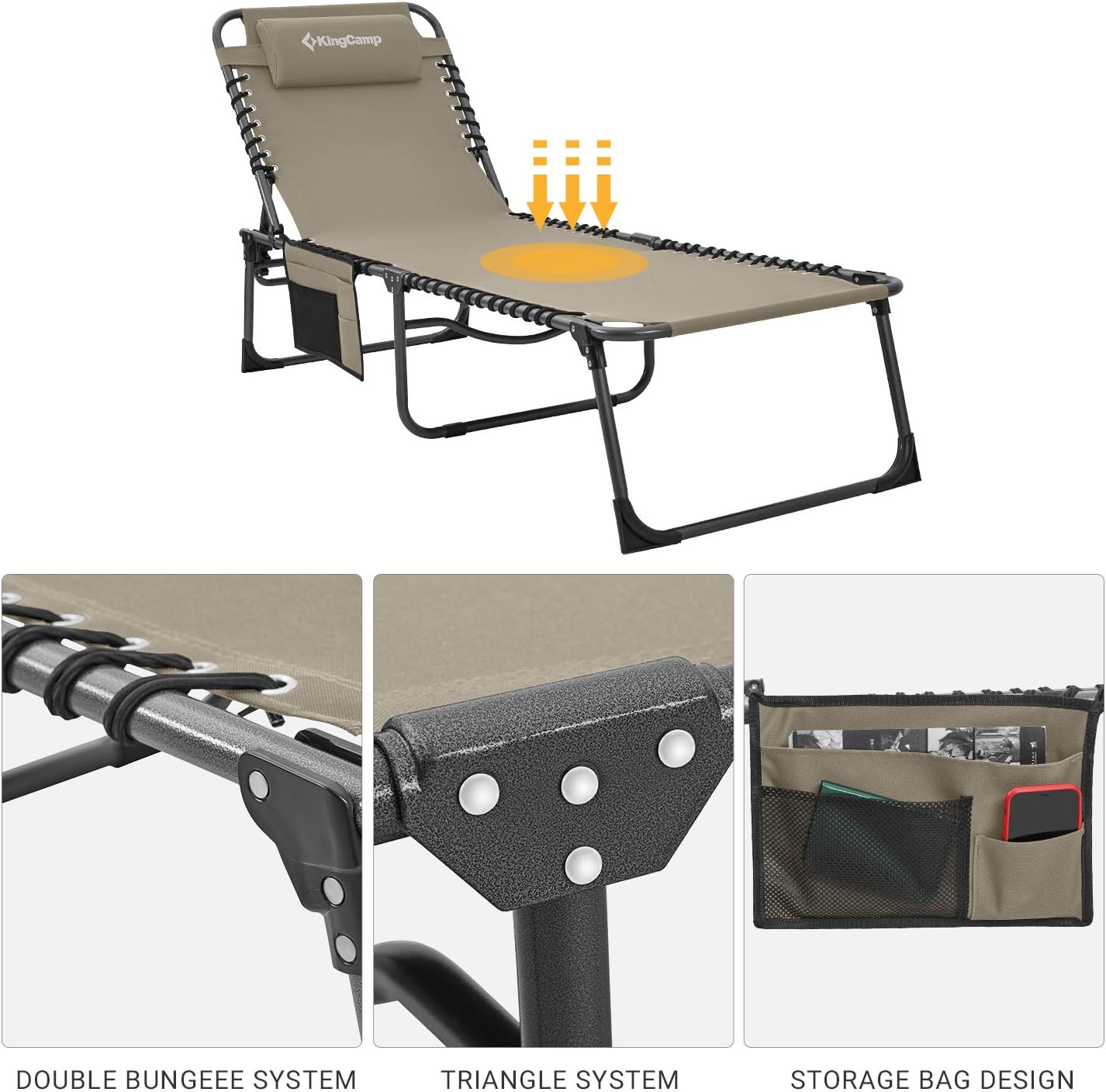KingCamp Adjustable 4-Position Heavy Duty Folding Chaise Lounge Chair with Pillow Pocket, Portable Great for Outdoor Patio Lawn Beach Pool Sunbathing, Supports 265lbs: Sports & Outdoors