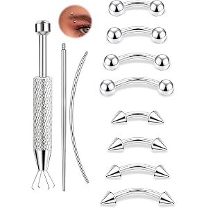 ONESING 11Pcs Eyebrow Piercing Jewelry with Grabber Tool 14G/16G Stainless Steel Curved Barbell Eyebrow Jewelry Hypoallergeni