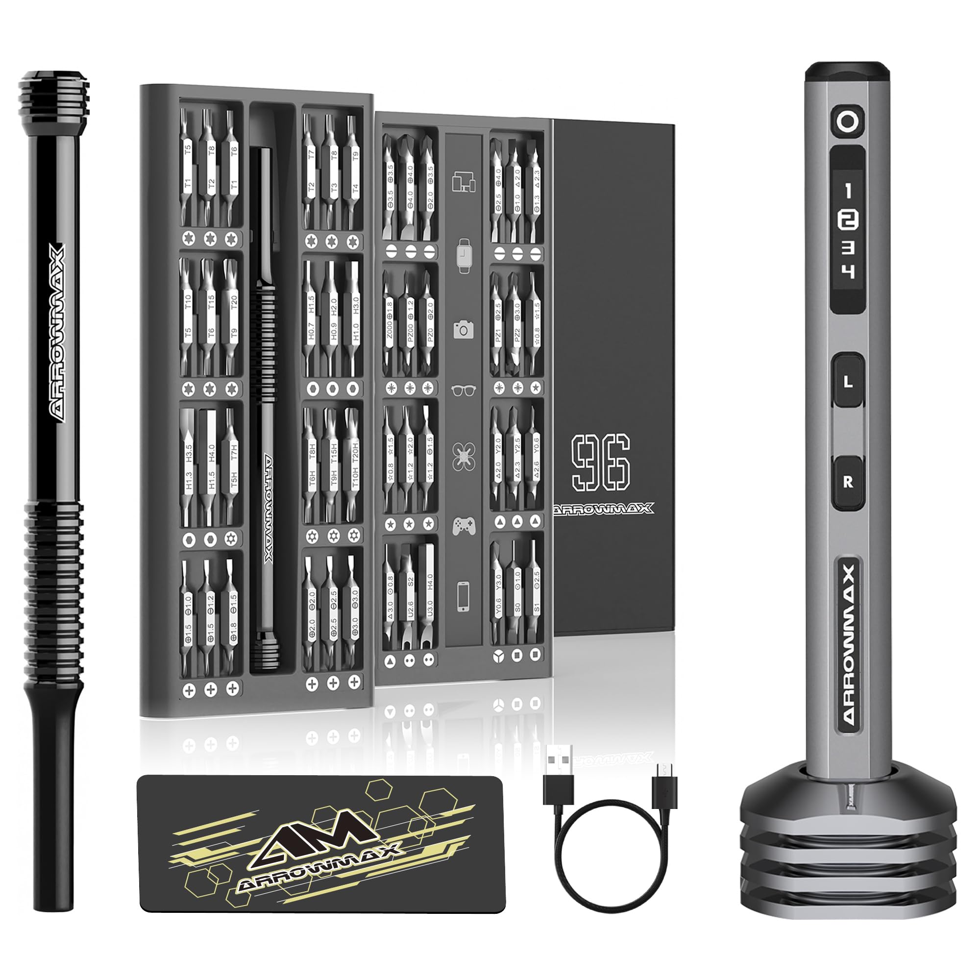 ARROWMAX Electric Screwdriver, 102-in-1 Precision Set with 96 Magnetic Bits, 4 Torque Modes, Red Dot, Winning Design, Rechargeable Cordless Screwdriver for Phone, Laptop - Grey