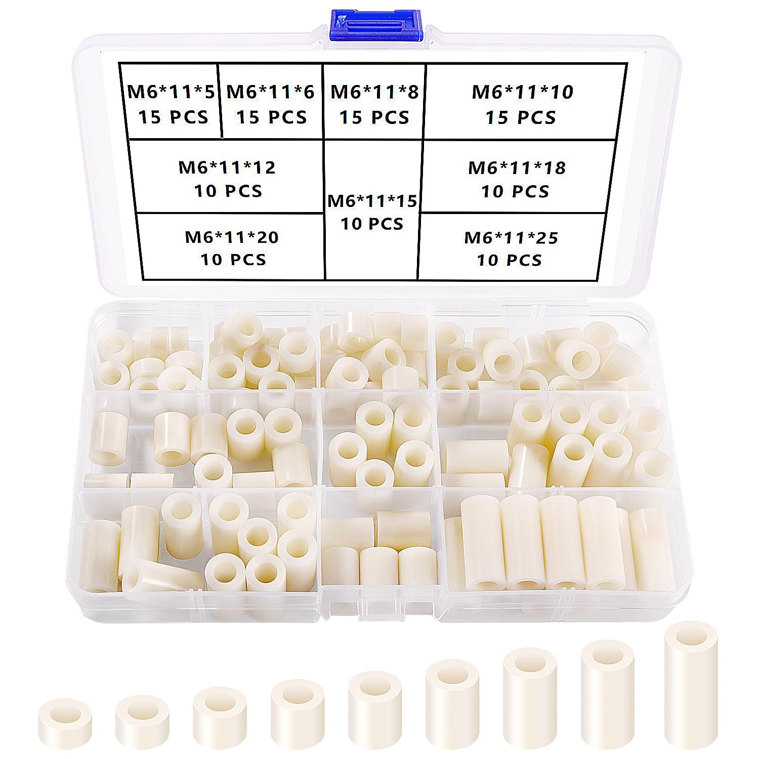 YIXISI 110 PCS ABS Round Spacer Assortment Kit, for M6 Screws, Non Threaded Column Standoff Support Spacer, OD 11mm, White