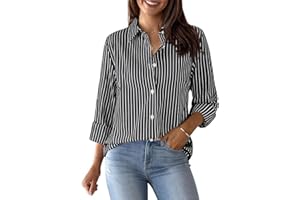 Aoudery Womens Button Down Shirts Cotton Striped Dress Shirt Long Sleeve Collared Office Work Pinstripes Blouses Tops