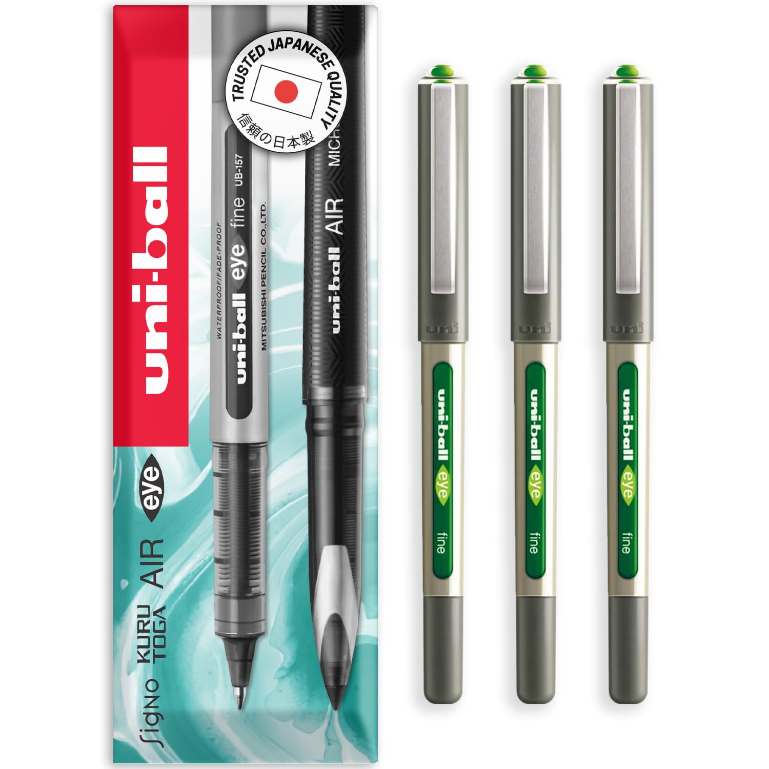 uni-ball EYE - UB-157E Rollerball Pens - 0.7mm Nib - In Envelope Gift Packaging (Pack of 3, Light Green)