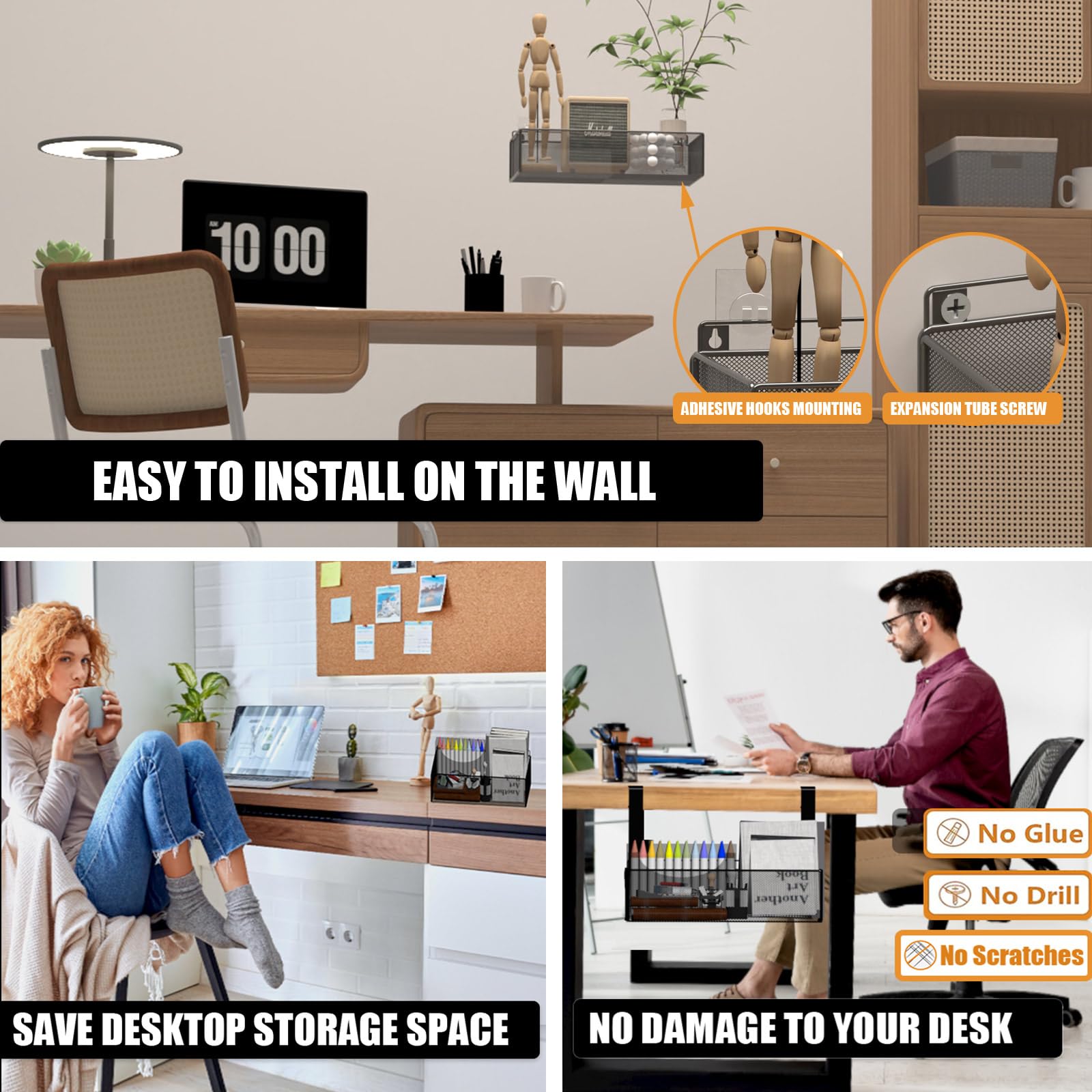 orbixa Under Desk Storage Organizer Clamp-On,Mesh Metal 3-IN-1 desk side storage- Use on desk,under desk or as a hanging wall organizer for office supplies & home essentials (black color)