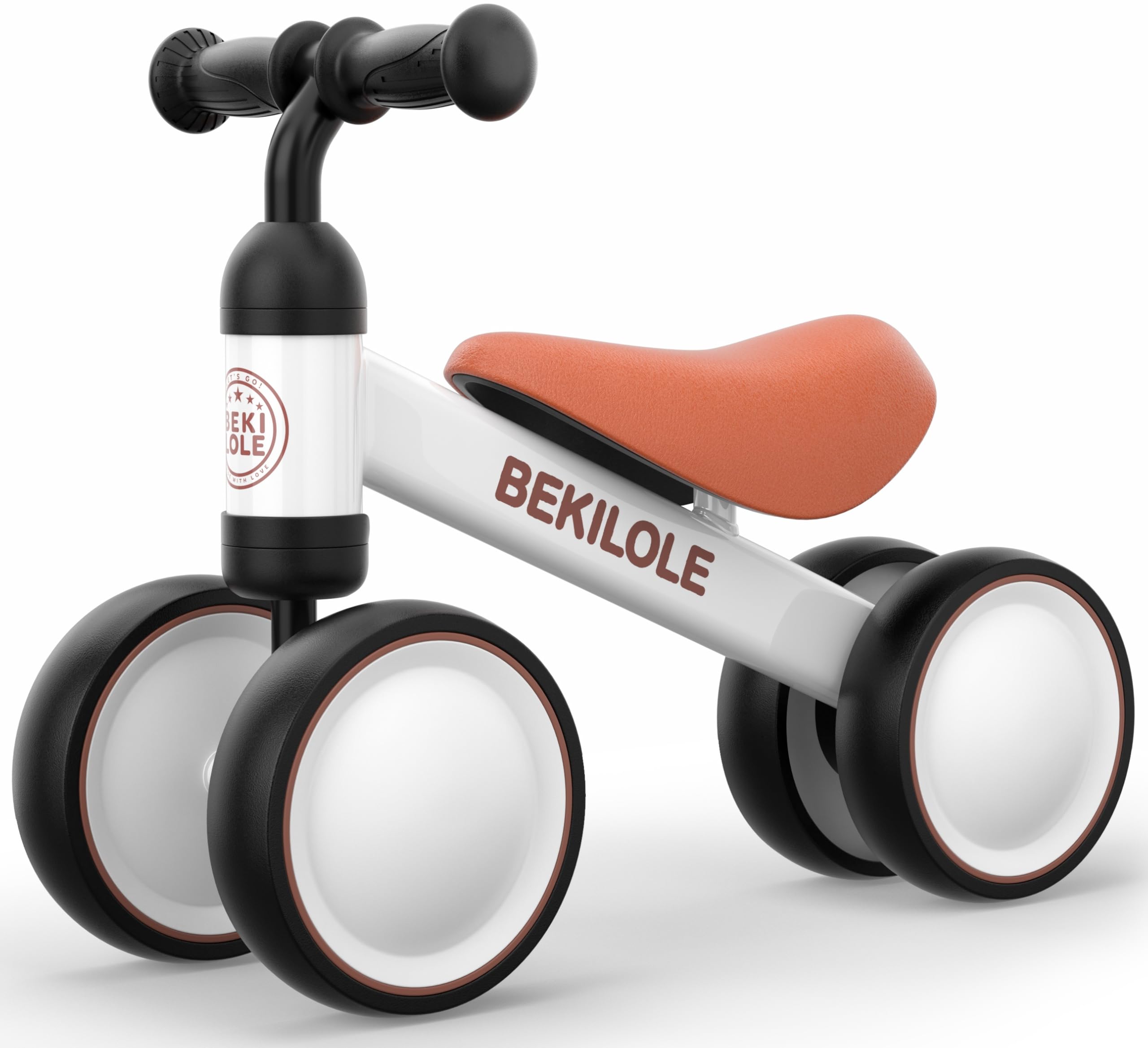 BEKILOLE Balance Bike Toys for 1 Year Old Boy Gifts, 12-24 Month Toddler Balance Bike, No Pedal 4 Silence Wheels&Soft Seat First Riding on Toys, One Year Old Boy Birthday Gifts, White & Brown Image