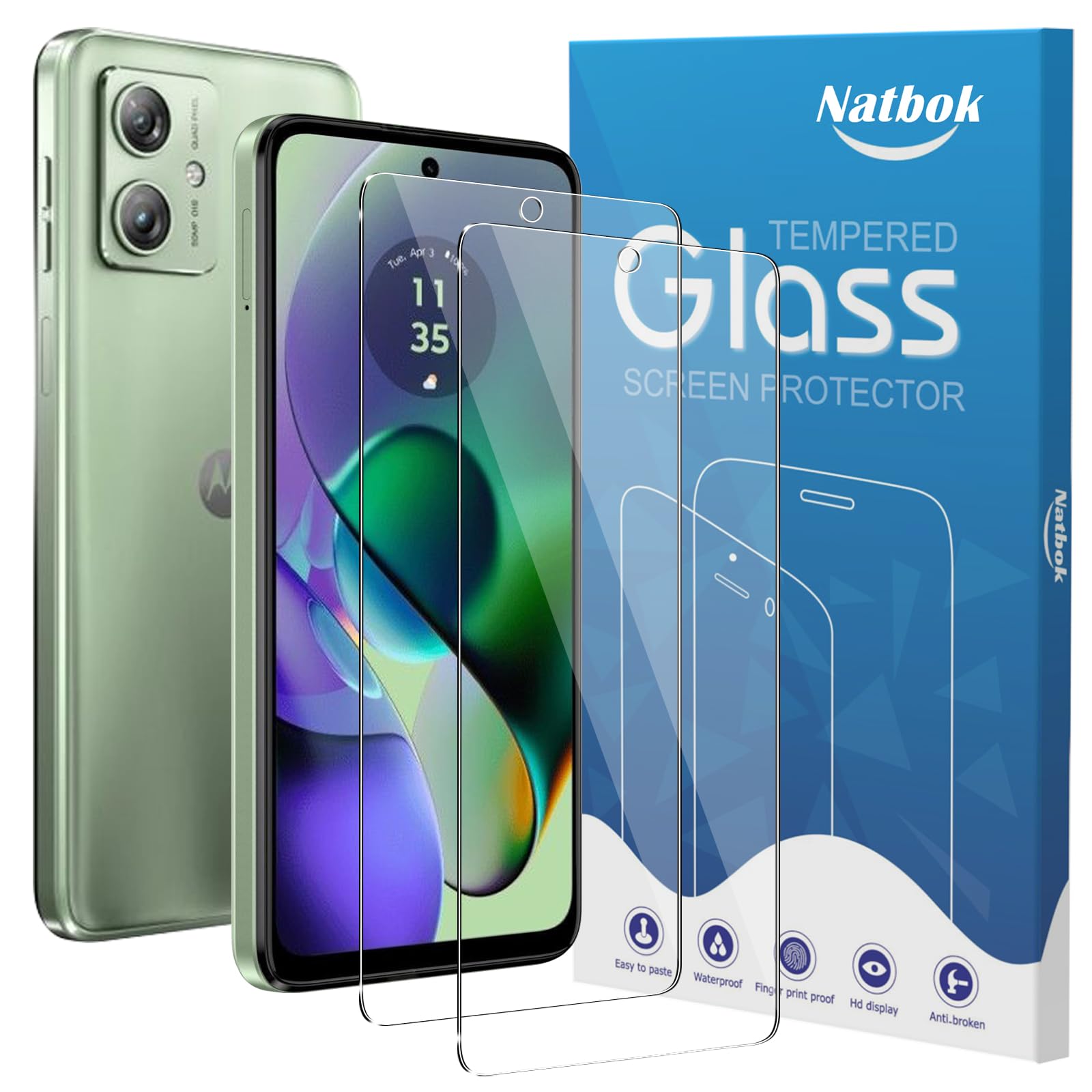 Natbok 2 Pack Compatible with Moto G54 Screen Protector,Full Coverage 9H Tempered Glass Film,HD Clear Scratch Resistant,Bubble-Free for Moto G54 Screen Protector