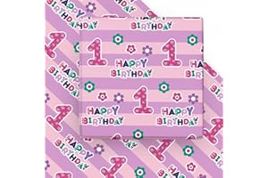 WRAPAHOLIC 1st Birthday Wrapping Paper Sheet - 6 Sheets Pink Happy Birthday with Floral Design Folded Flat for Birthday, Party, Baby Showers - 19.7 Inch X 27.5 Inch Per Sheet