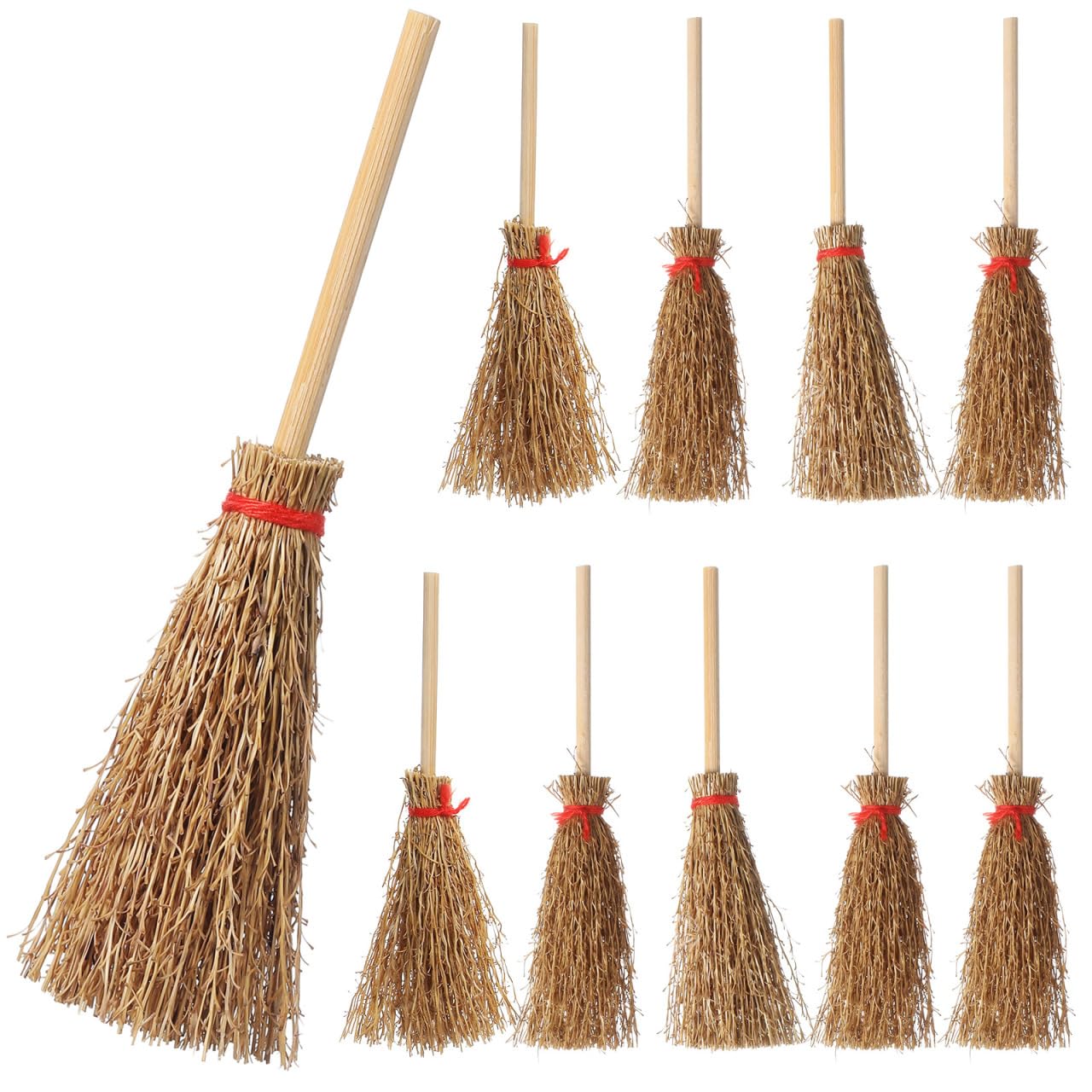 SUPVOX Straw Craft Decoration Miniature Artificial Mini Brooms with Red Rope Witches Accessory for Halloween Party 10Pcs