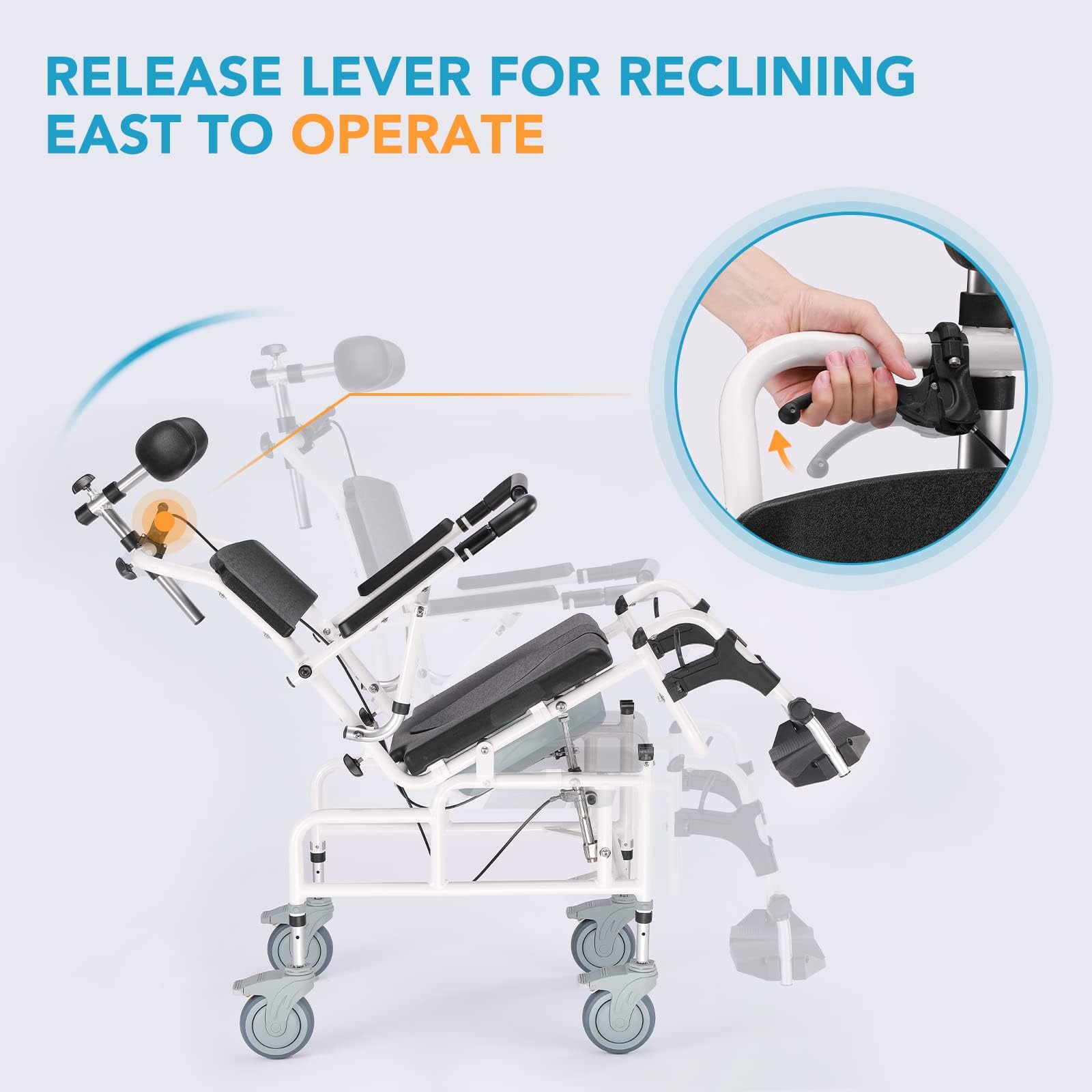 OasisSpace Personal Mobility Assist Bedside Commode Toilet Chair, Tilt Shower Commode Wheelchair, 4-in-1 Shampoo Chair 30° Reclining and Headrest, Adjustable Transport Rolling Chair(FSA HSA Eligible)