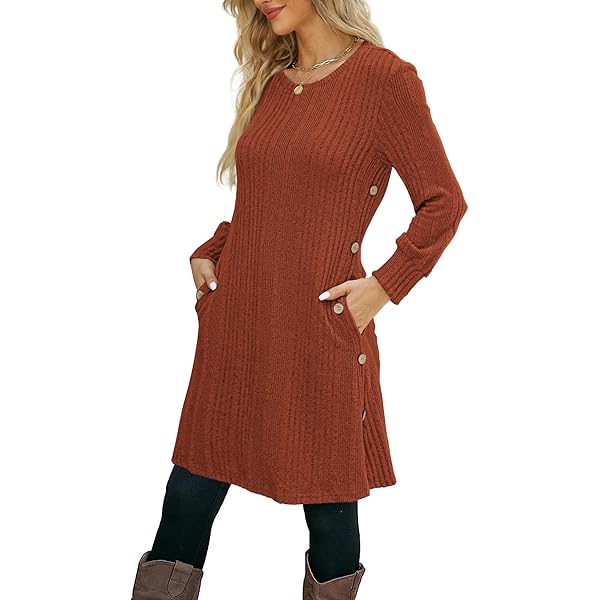 Women's Long Sleeve Dress Tunic Sweater Dresses with Pockets and Buttons  (US, Alpha, Medium, Regular, Regular, Black) at Amazon Women's Clothing  store