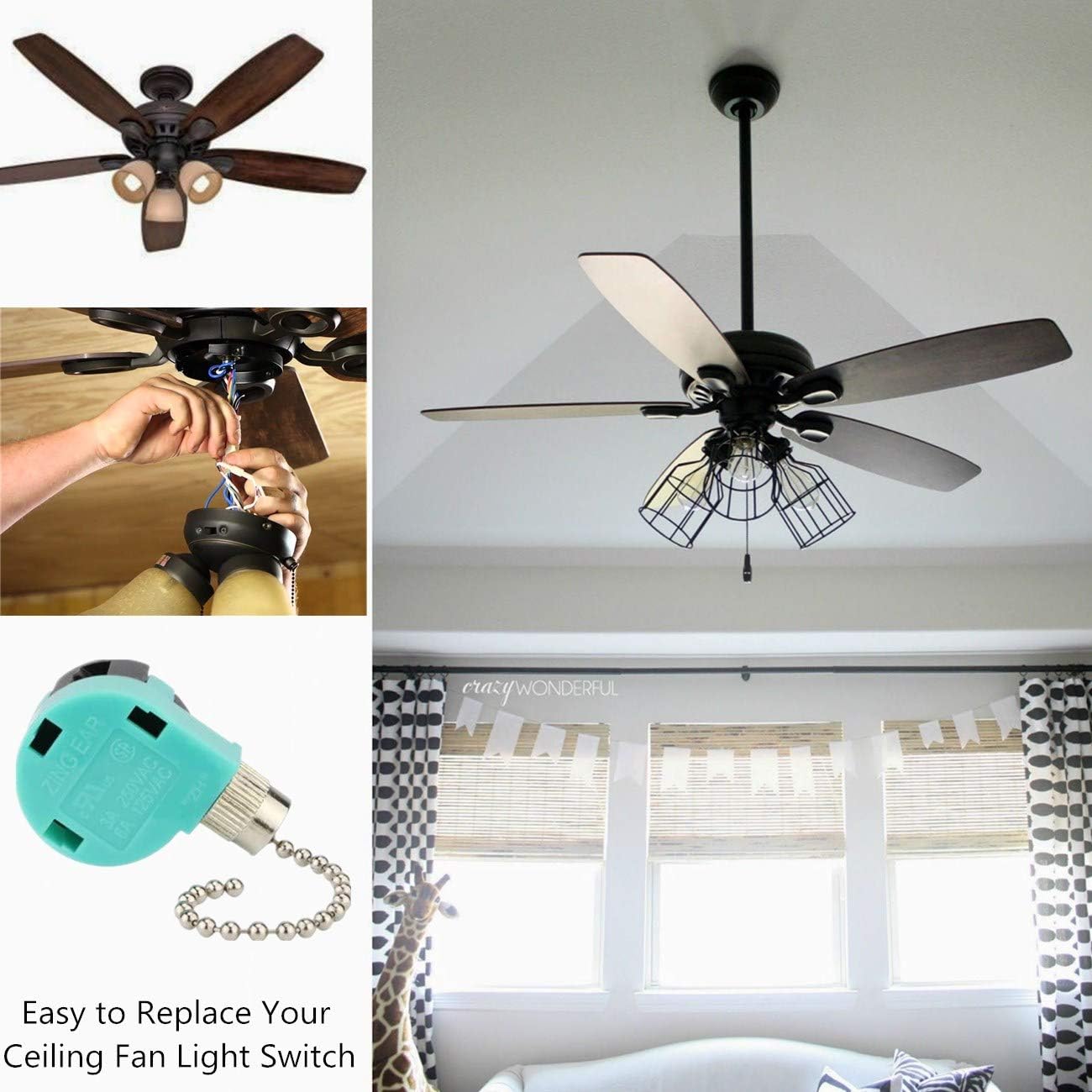 Ceiling Fan Switch 3 Speed 4 Wire Zing Ear ZE-268S6 Pull Chain Switch Control Replacement 3 Speed Control Switch Ceiling Fans, Wall Lamps, Cabinet Light - - 