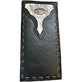 Western Stakes Long Leather Wallet – Cowboy Praying Concho with Cowhair Inlay – Hand-Stitched Bi-Fold – Rustic Western Wallet for Men