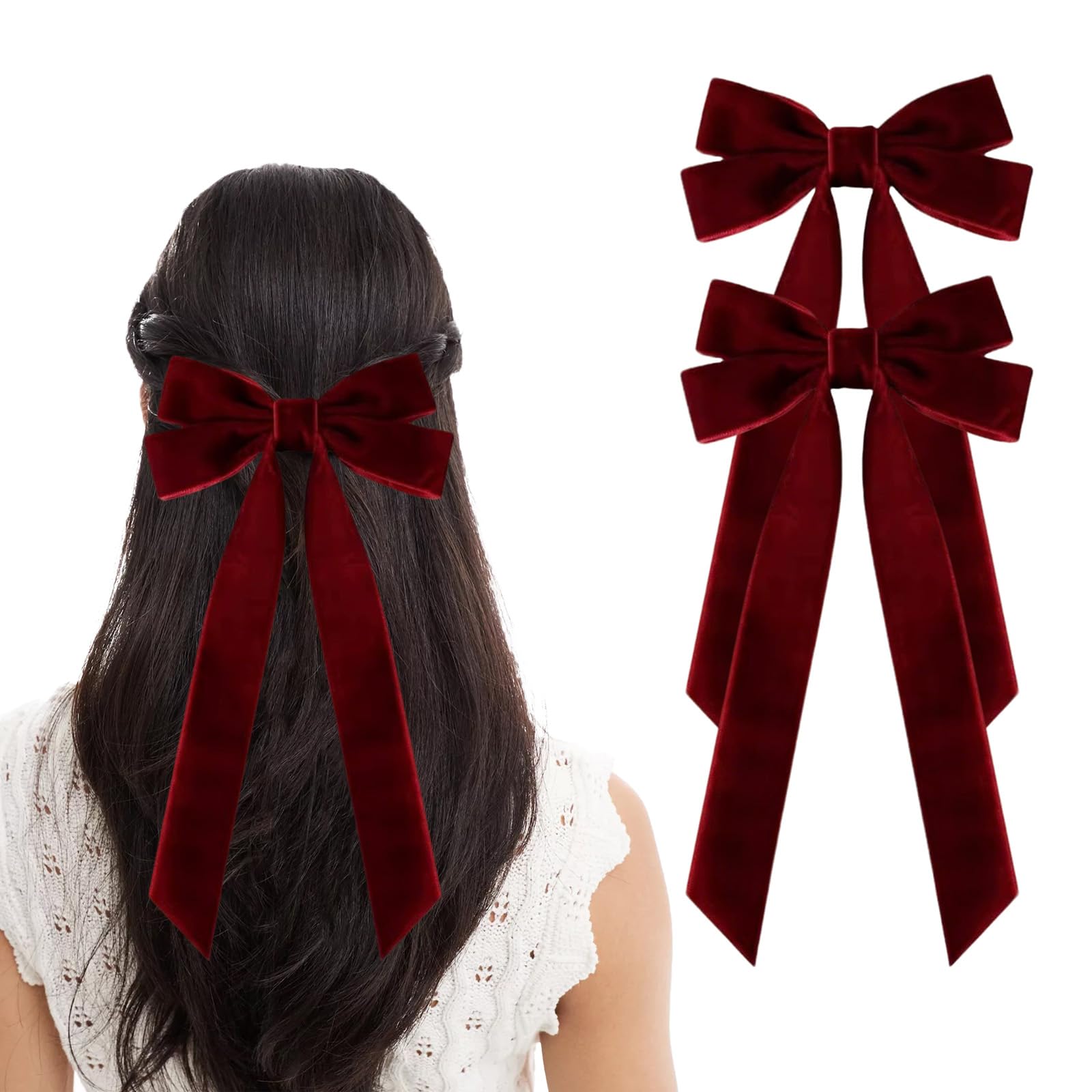 2Pcs Red Hair Bow, Burgundy Velvet Hair Bow for women, Solid Color Bowknot Clips for Girl Accessories Christmas Bows