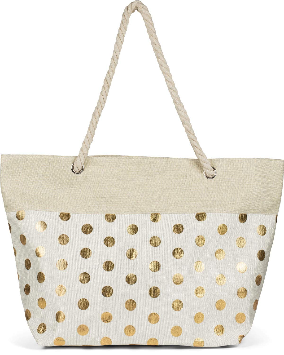 styleBREAKER Ladies XXL Large beach bag with metallic dot pattern and zipper, shoulder bag, shopper 02012342, Colour:Beige-Gold