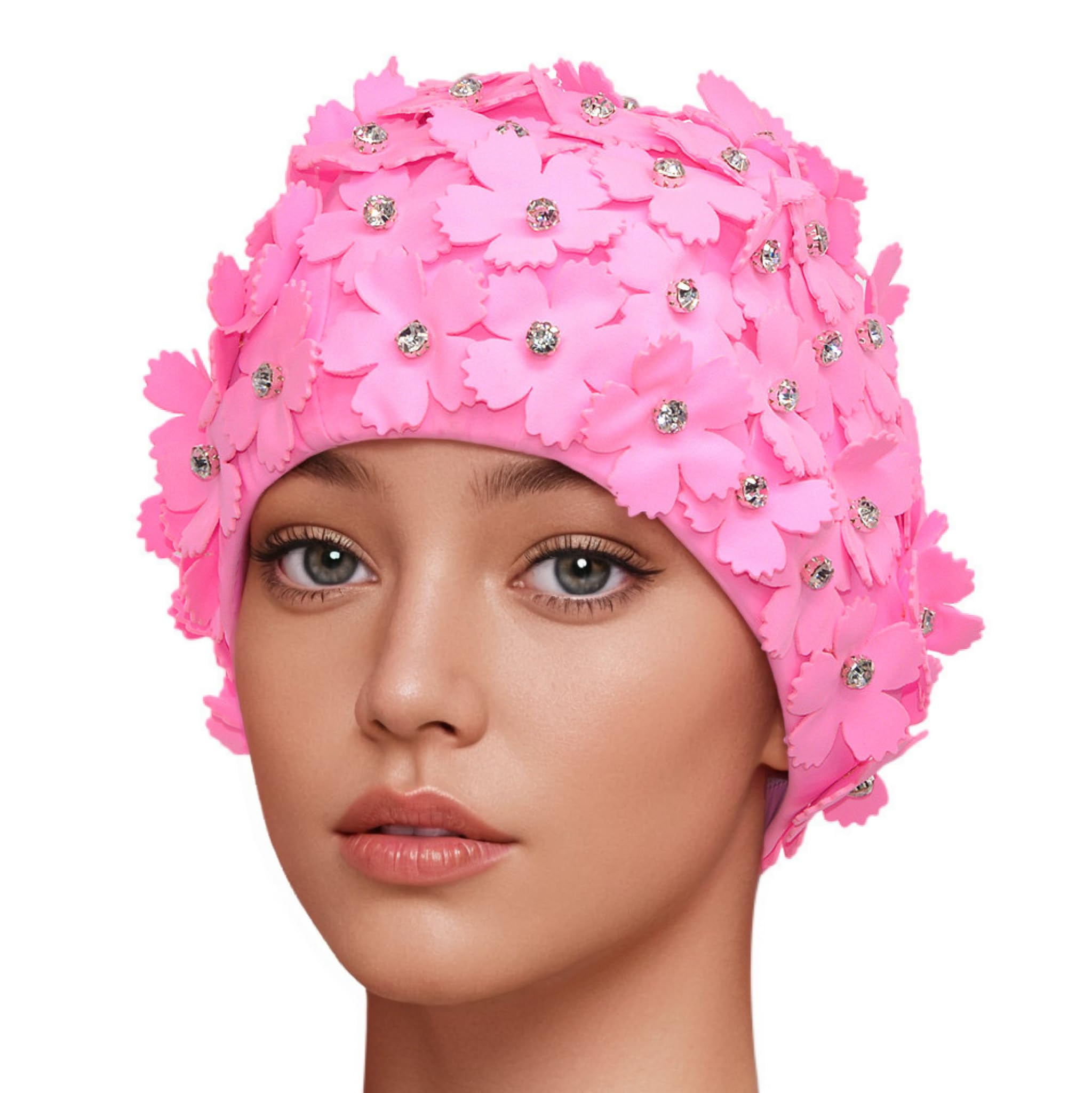 Medifier Manual Rhinestone Floral Petal Retro Style Swim cap Bathing Caps for Women Pink
