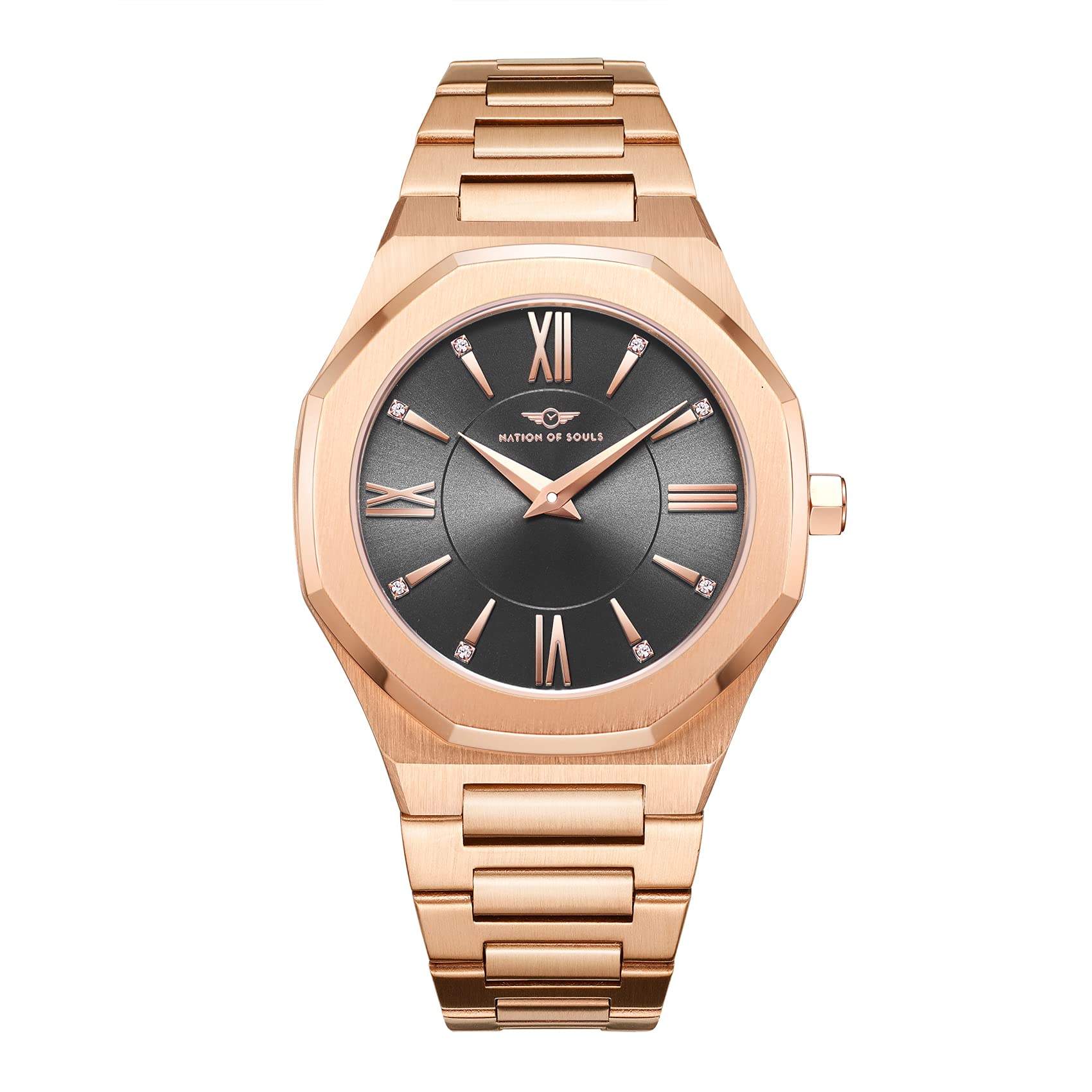 Nation of Souls Livia Watch Collection Womens Rose Gold 34mm Stainless Steel Case and Link Bracelet British Designed Ladies Watches