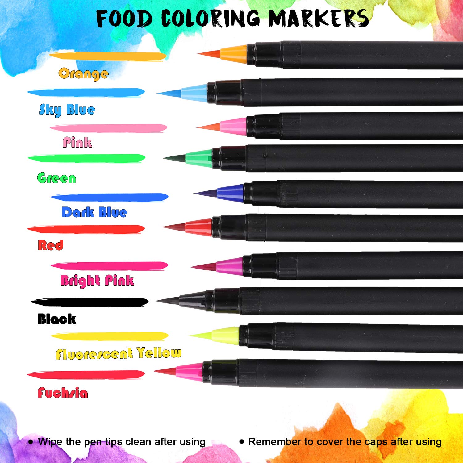 Food Coloring Marker Pens, 10Pcs Food Grade Edible Markers Food Writers for Decorating Fondant, Cakes, Cookies, Easter Eggs Painting Drawing Writing - Flexible Brush Tip, 10 Colors