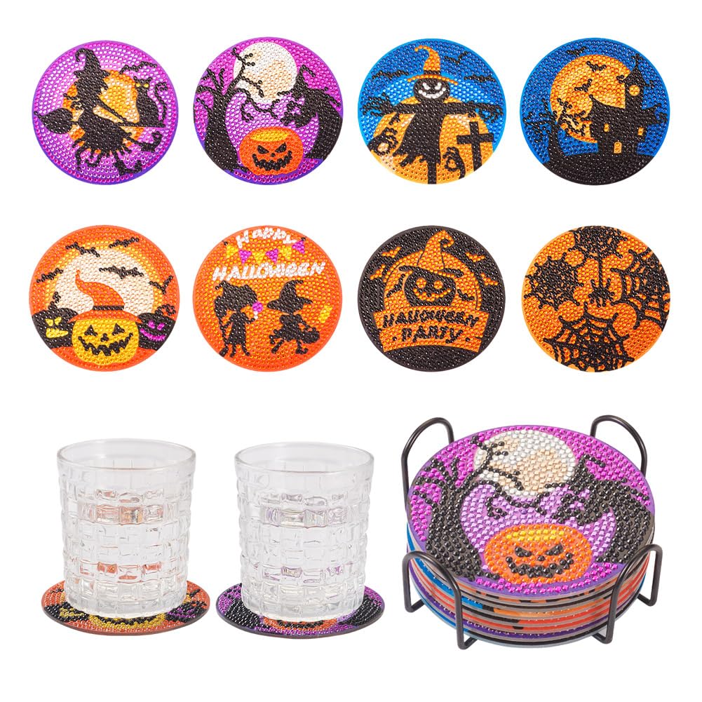 Cheriswelry 8Pcs Halloween Diamond Art Coasters Kits 5D Diamond Painting Cup Mat Pumpkin Ghost Pattern Diamonds Drawing Cup Pad for Beginners Art Craft Supplies
