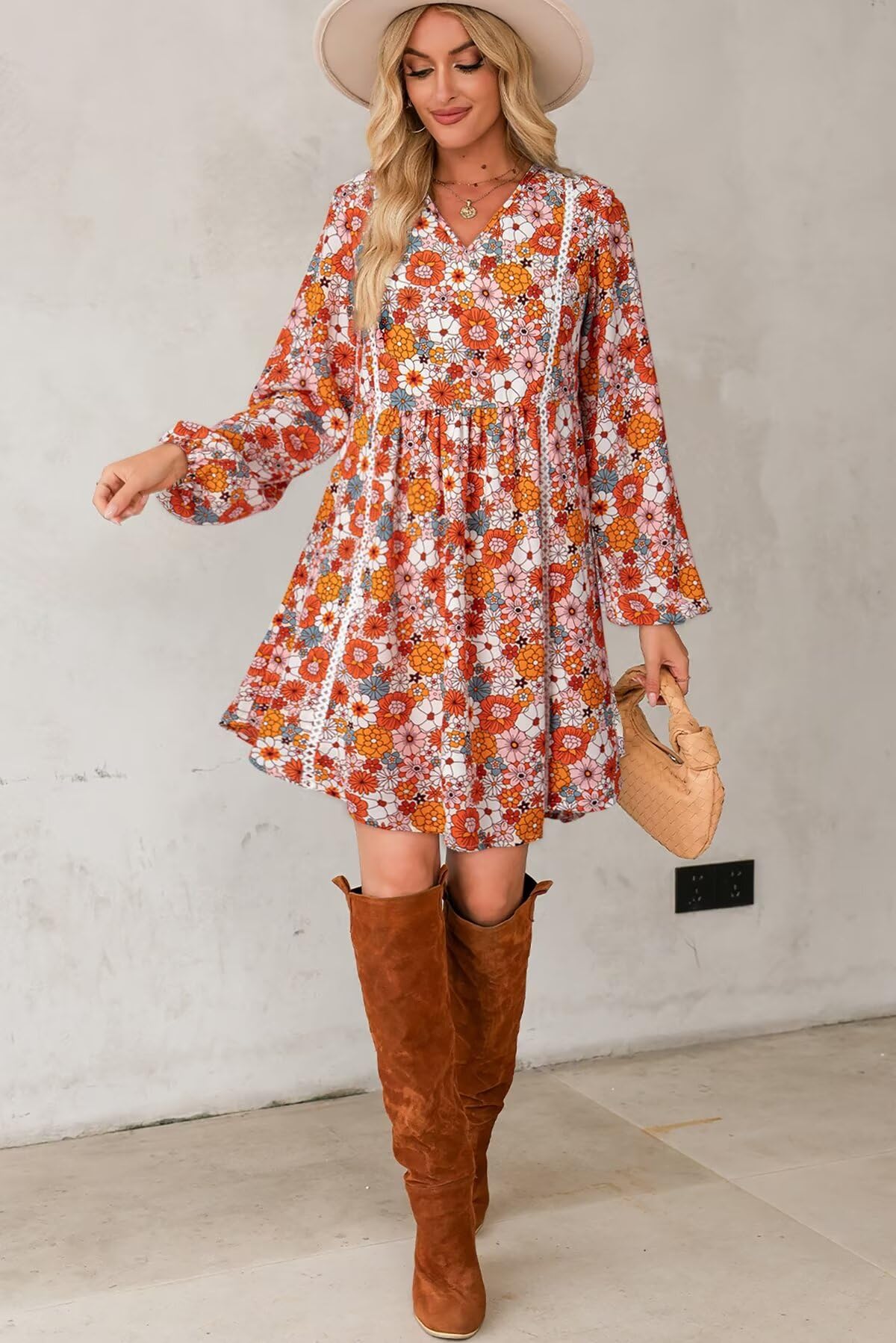 Dokotoo Women's V Neck Embroidered Lace Trim Flowy Dress Long Peasant Sleeve Floral Print A Line Mini Dress Summer Dresses for Women Orange Medium - Image 4