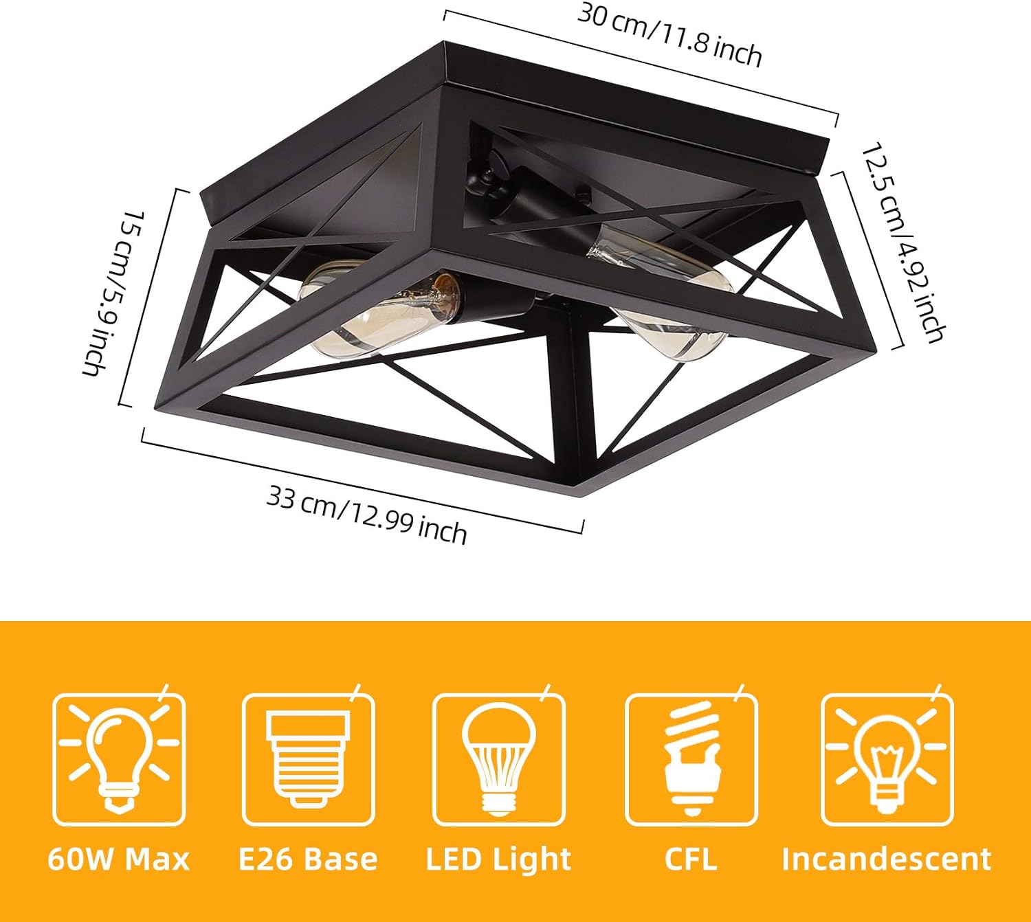 Industrial Farmhouse Ceiling Light Fixture Square Hallway Flush Mount Ceiling Lights for Kitchen Laundry Room 2-Lights, Black - - 