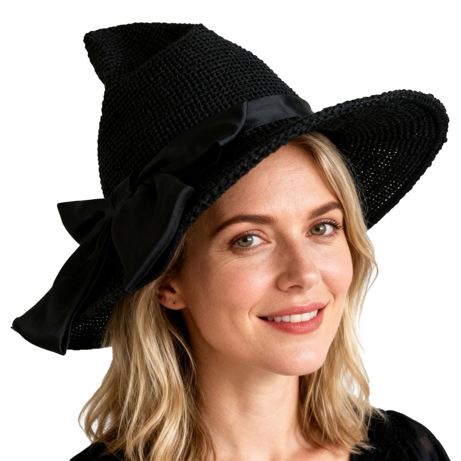 ITODA Halloween Black Witch Hat with Rose Flower Gothic Wizard Hat Knitted Witch Hats Wide Brim Pointed Hats Costume Accessories for Halloween Cosplay Fancy Dress Party