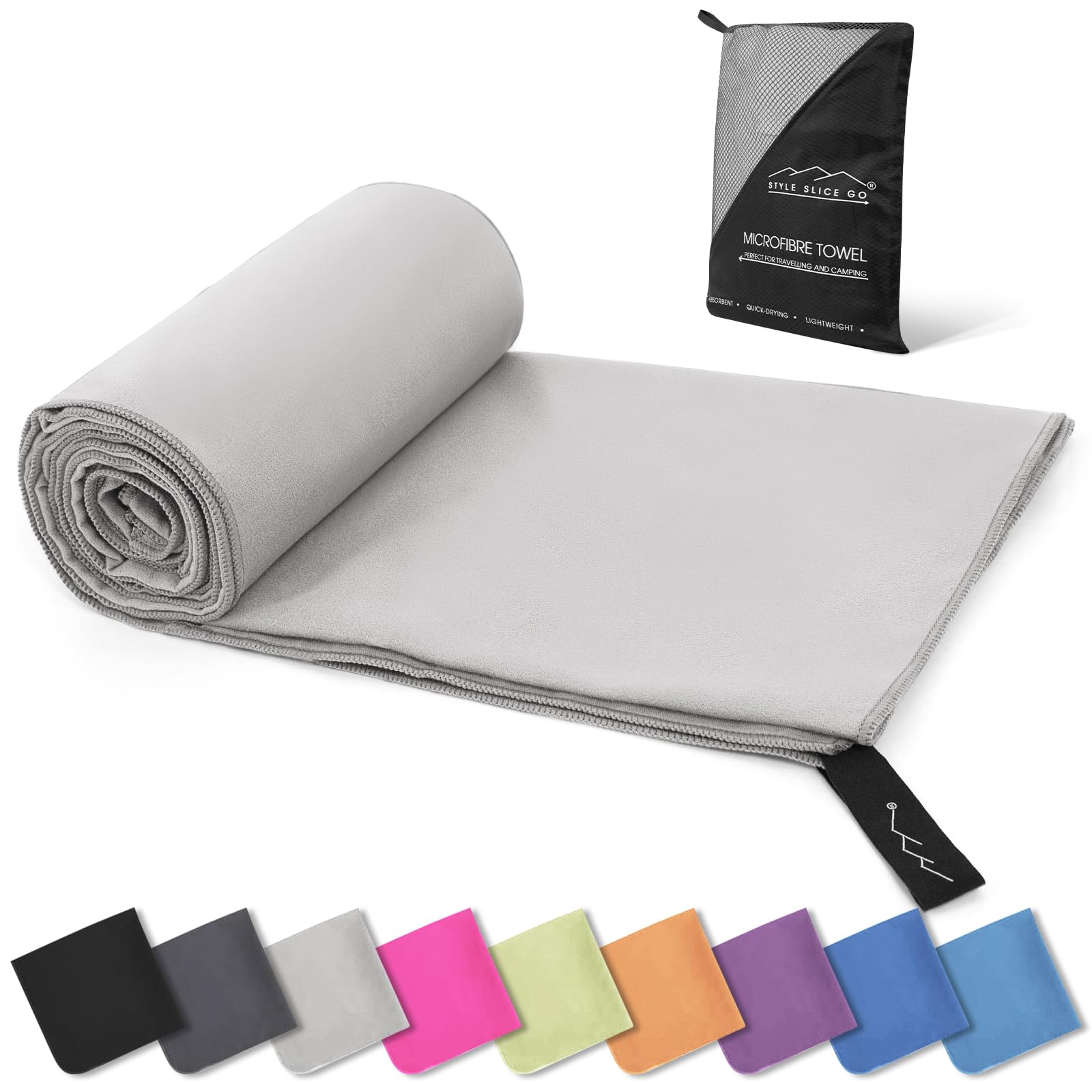 Style Slice Microfibre Towel Quick dry Lightweight Absorbent Travel Towel Sports Beach Gym Swimming Camping Hiking Drying Pets Small Medium Large X-Large XX-Large (Grey SMALL 60cm x 30cm)