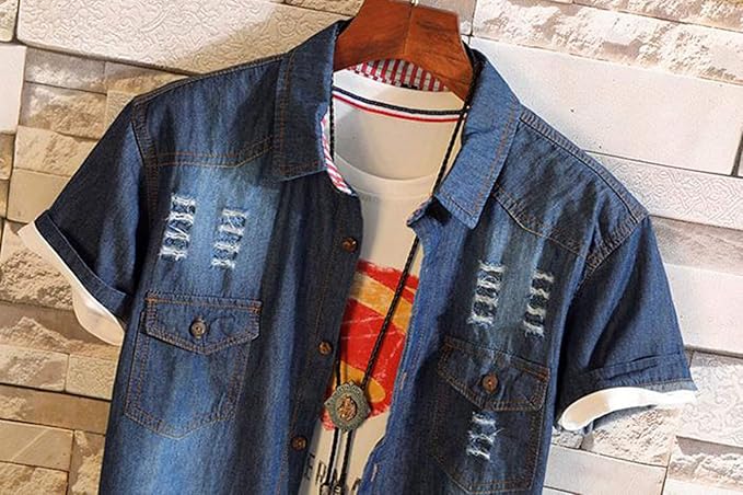 Amazon Bscoolメンズ デニムシャツ 半袖 夏 半袖 シャツ 男性用 カジュアル ストリート 韓国ファッション ボタンダウン シャツ シャツ 通販