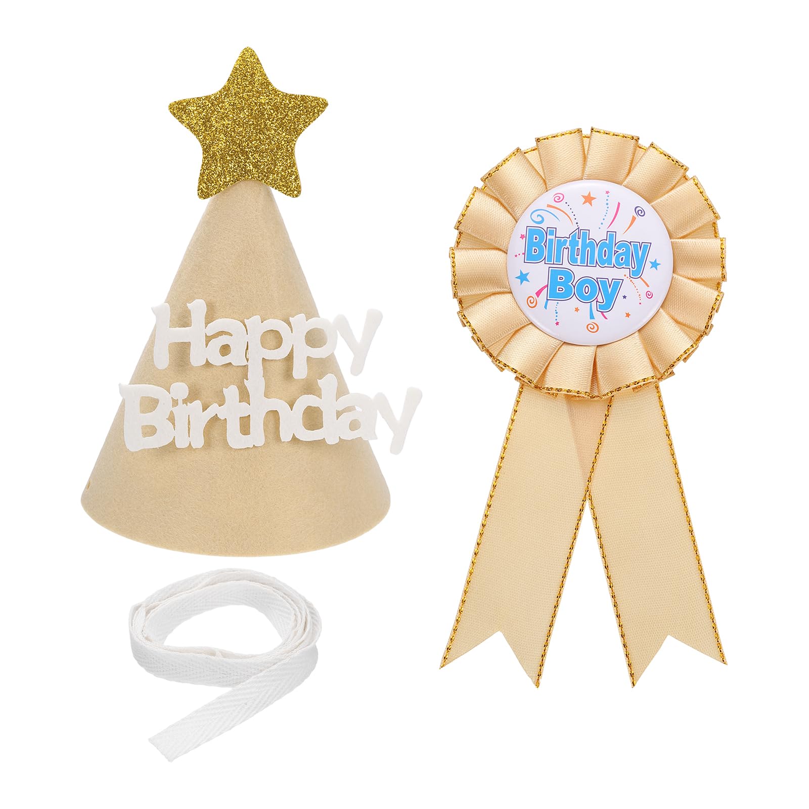 sourcing map Birthday Cone Party Set, Ribbon Brooch Pin & Felt Cone Hat for Theme Party Dress-Up Decoration Photo Props Birthdays Celebration, Gold/Light Brown