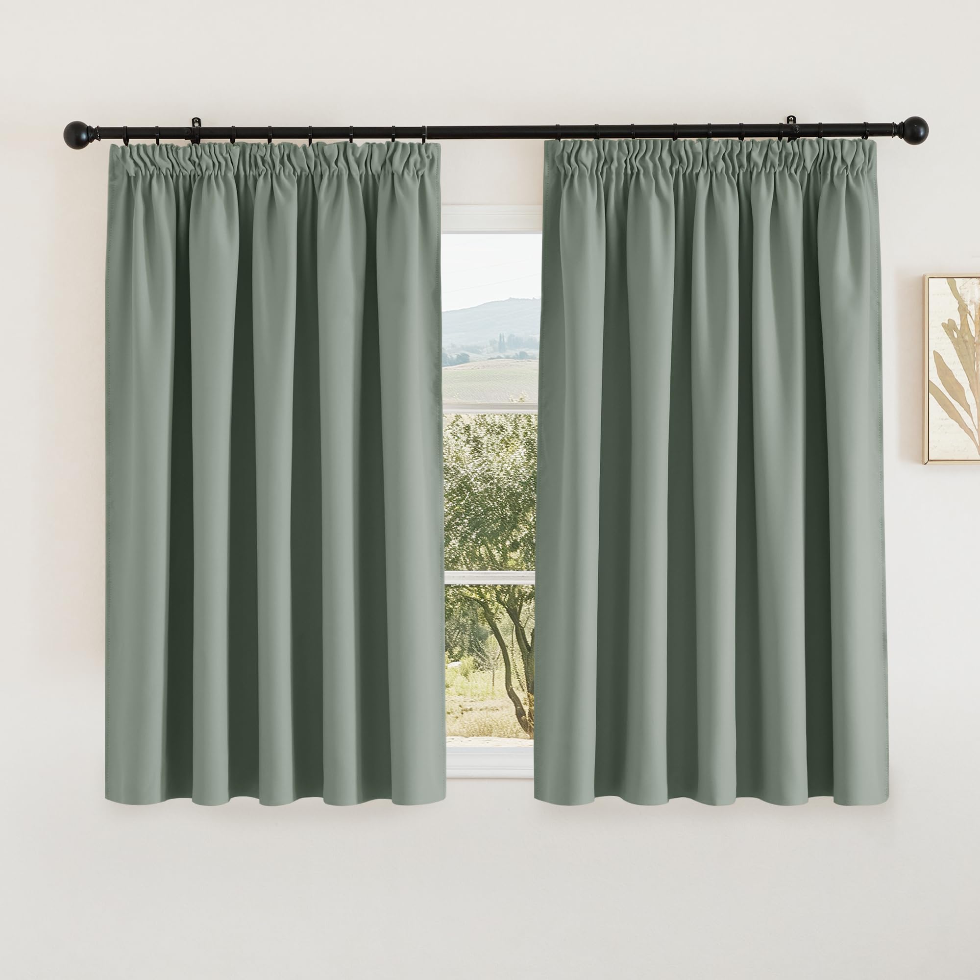 PONY DANCE Sage Green Thermal Blackout Curtains - Hand Made Extra Wide Curtains for Living Room Bedroom Pencil Pleat Soft Luxury Thermal Drapes for Small Window, W66 X L54, 2 Panels