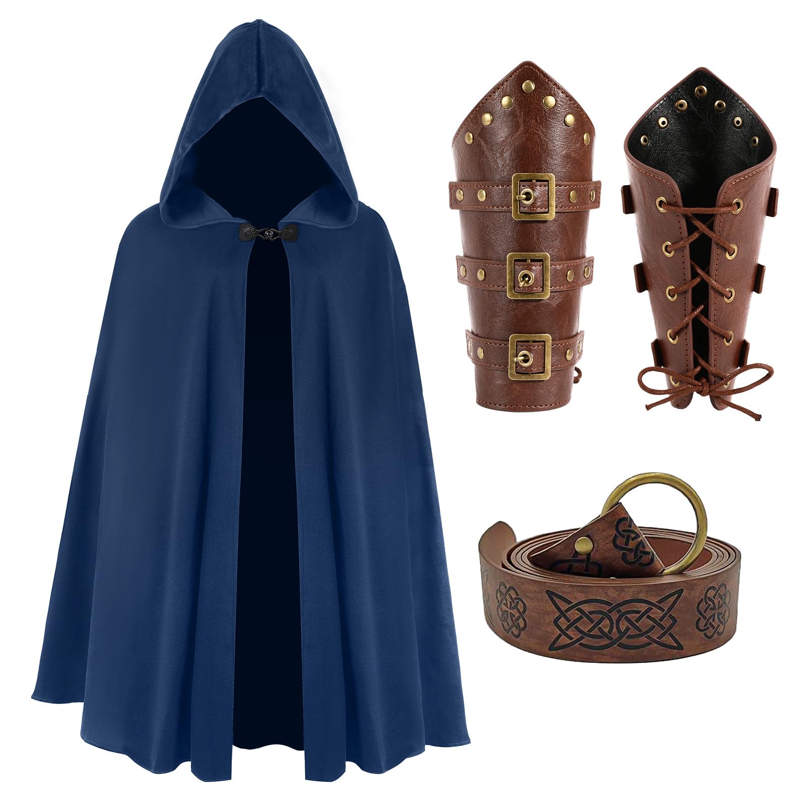 JoyFuncos Medieval Cloak with Hood, Renaissance Velvet Cape with Viking Belt Leather Bracers Costume Accessories Adult Men Women for Halloween (Blue)