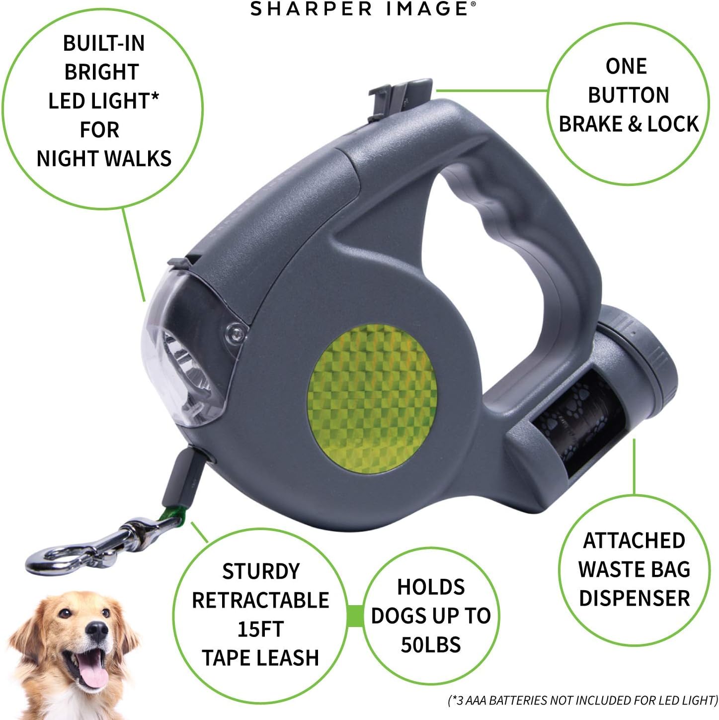 Sharper Image 3 in 1 Retractable Dog Leash with Flashlight
