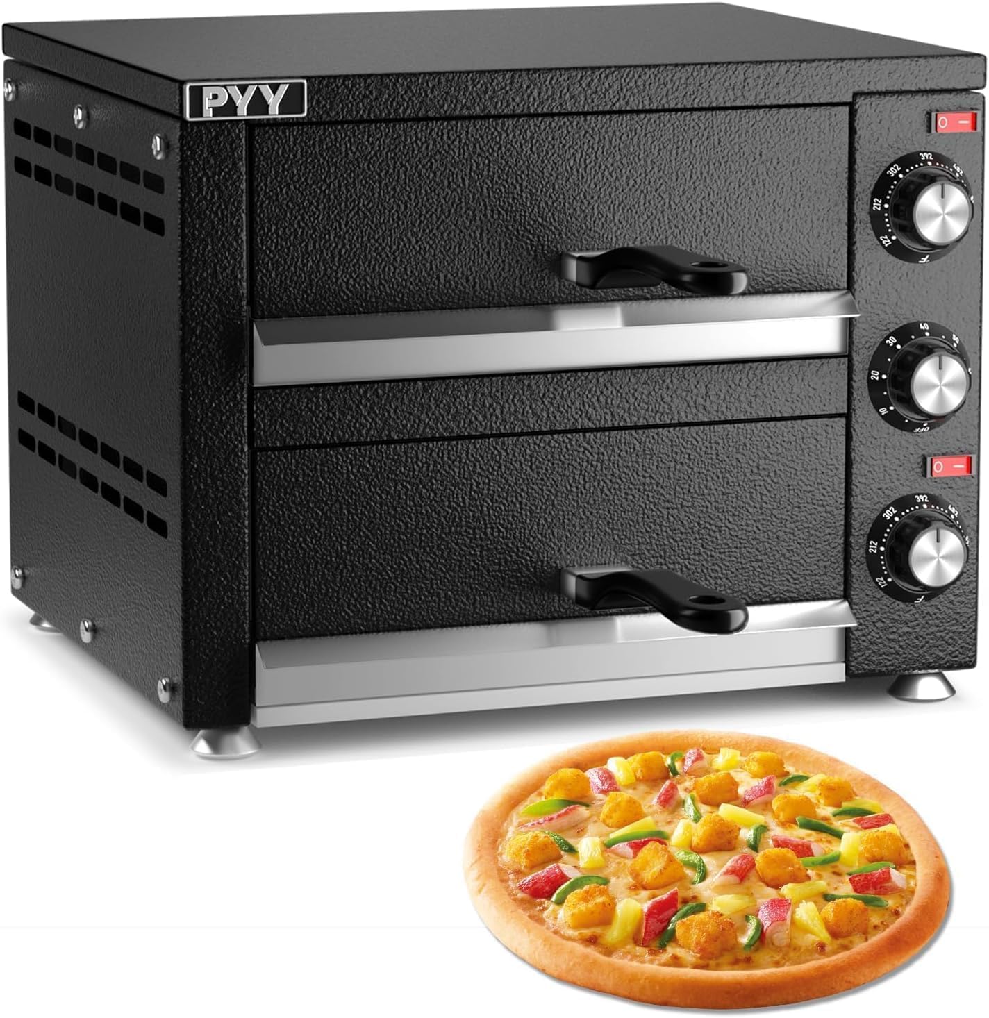 PYY Commercial Pizza Oven -12 Inch Double Decker Pizza Ovens 2-Layers Countertop Pizza Cooker Electric Indoor with Timer Stainless Steel Pizza Maker for Party Restaurant Home, Black