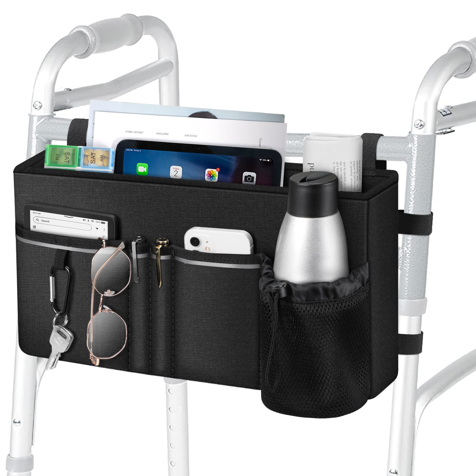 Photo 1 of FINPAC Large Walker Tote Bag with Cup Holder, Folding Walker Attachment Hands-Free Storage Basket Mobility Aid Accessory Pouch for Elderly, Senior, Black