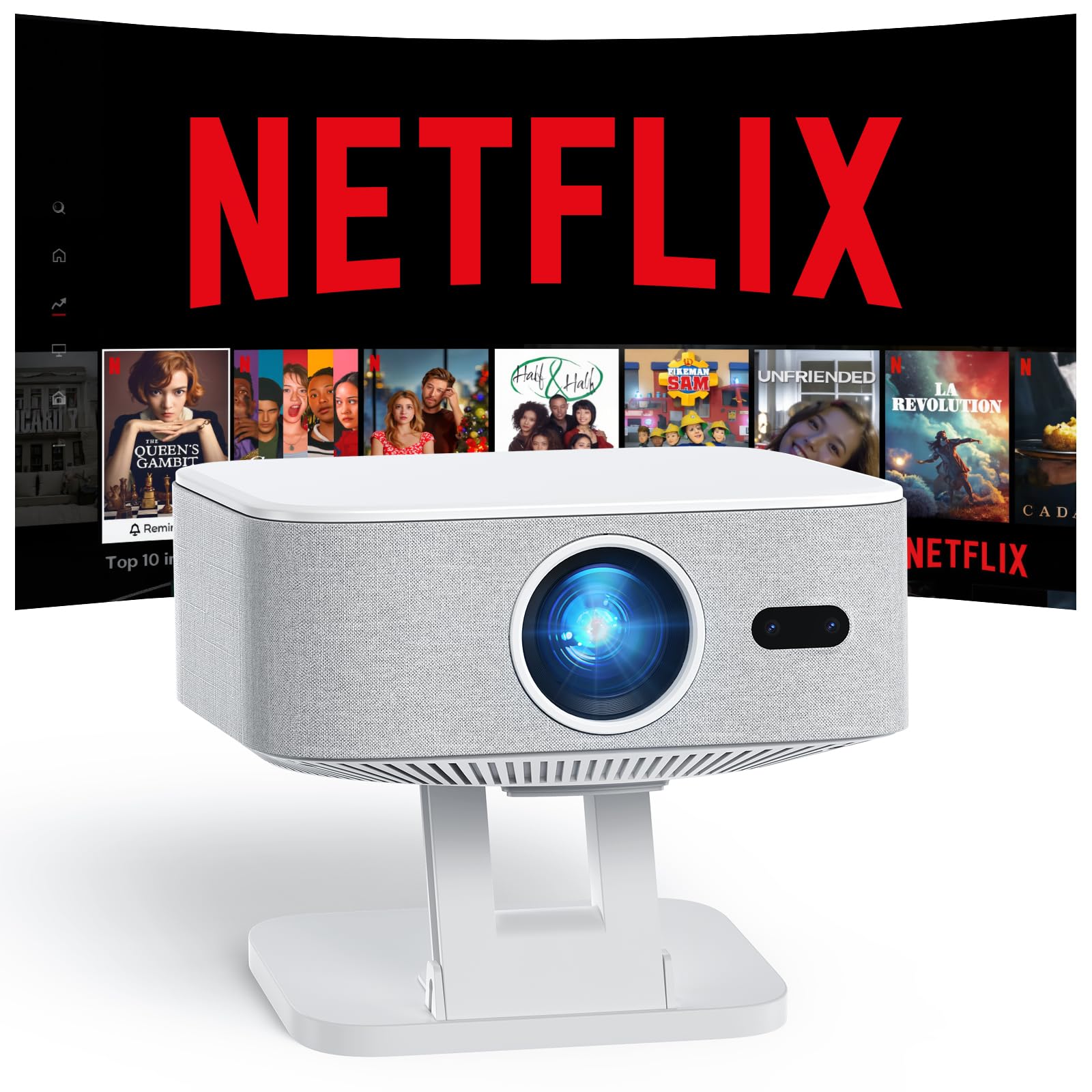 Photo 1 of [Netflix-Licensed/1500ANSI] Smart Outdoor Projector: NICPOW 4K Projector with Wifi and Bluetooth, Built-in Apps, Auto Focus & Keystone, Portable Proyector for Home & Outdoor Use, White