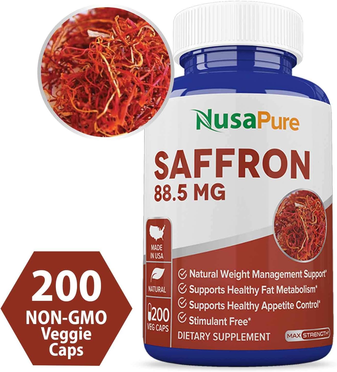 Pure Saffron Extract 88.50mg 200 Veggie Caps (Vegetarian, NonGMO