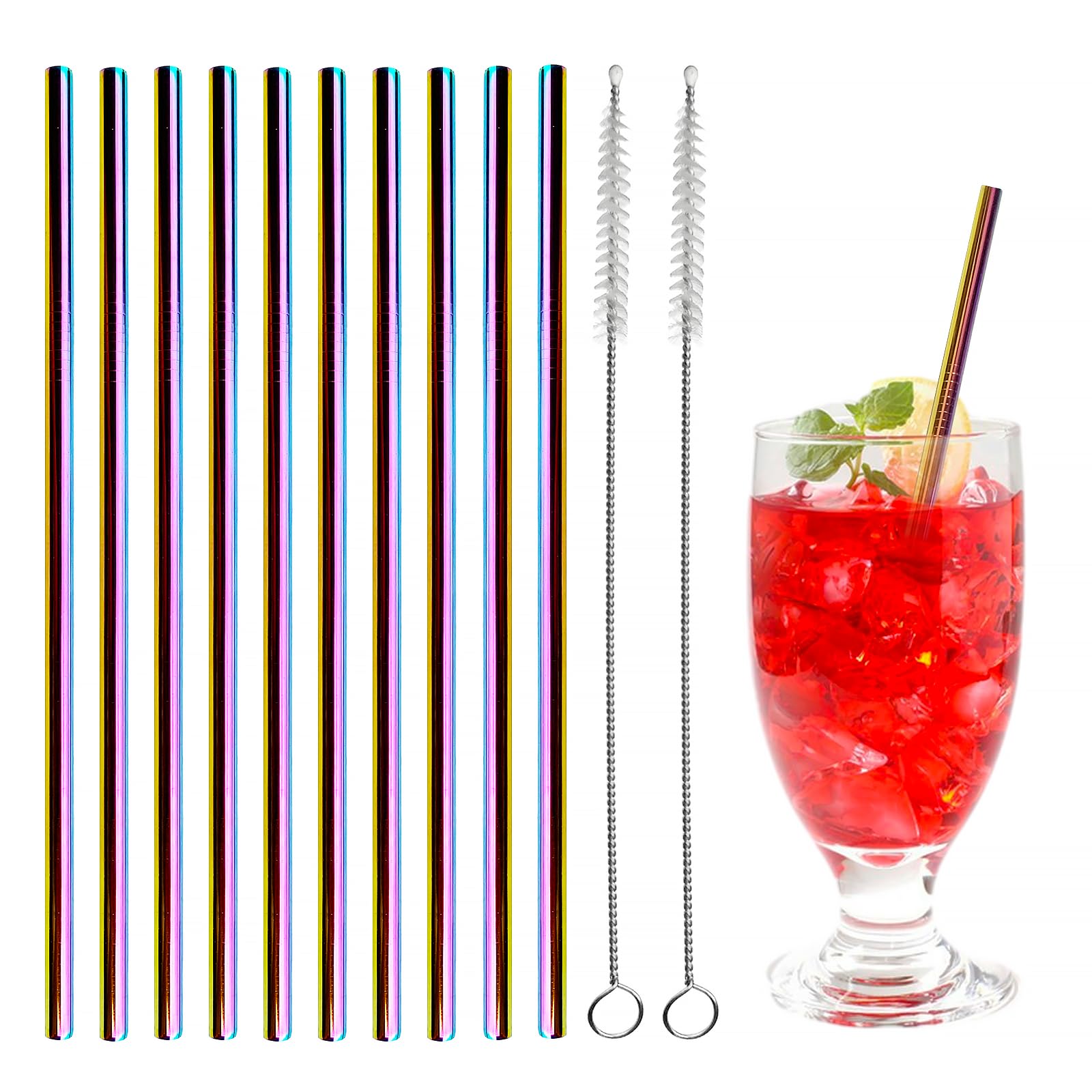 FINEASY Set of 10 Metal Straws Drinking with 2 Cleaning Brushes, Eco-Friendly Reusable Straws Coloured Stainless Steel Straws for Smoothie, Cocktail, Hot Drinks (Straight)
