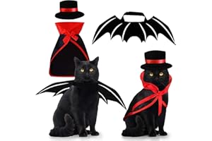 BYHOO Pet Costumes Cat Cosplay 3 PCS, Vampire Cloak with Bowler Hat Bat Wings Pet Cosplay Costumes for Small Cats Funny Holiday Clothes for Black Halloween Night Bloody Zombie Party Easter Gift