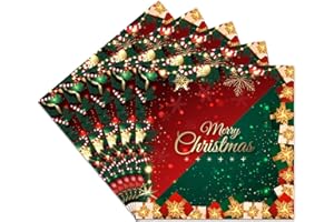 100Pcs Merry Christams Napkins Red and Green Holiday Design with Snowflakes Candy Canes Xmas Hanging Balls Gift Boxes with Go