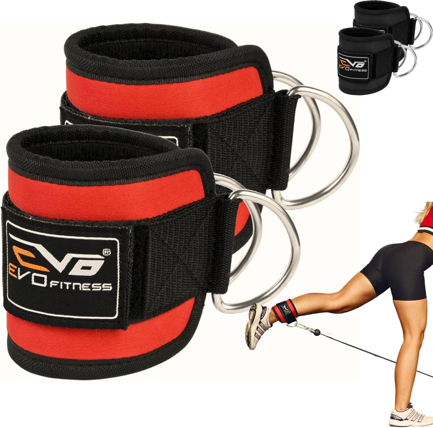 EVO PAIR Pulley Cable Machines Attachment Neoprene Ankle Cuff Gym Straps Weight Lifting Stainless Steel Ring Fitness Leg Workout Men Women [Sold as Pair]