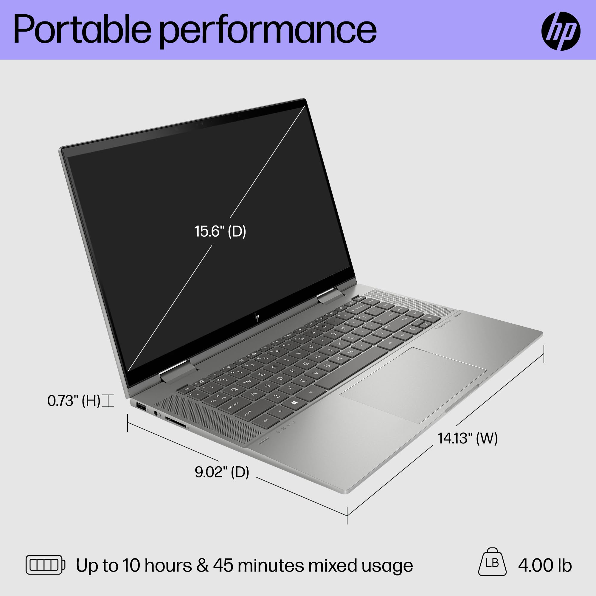 HP ENVY x360 15 inch Laptop, FHD Touch Display, Intel Evo powered by 13th Gen Intel Core i7-1355U, 8 GB RAM, 512 GB SSD, Intel Iris Xe Graphics, Windows 11 Home, 15-ew1010nr (2023), silver