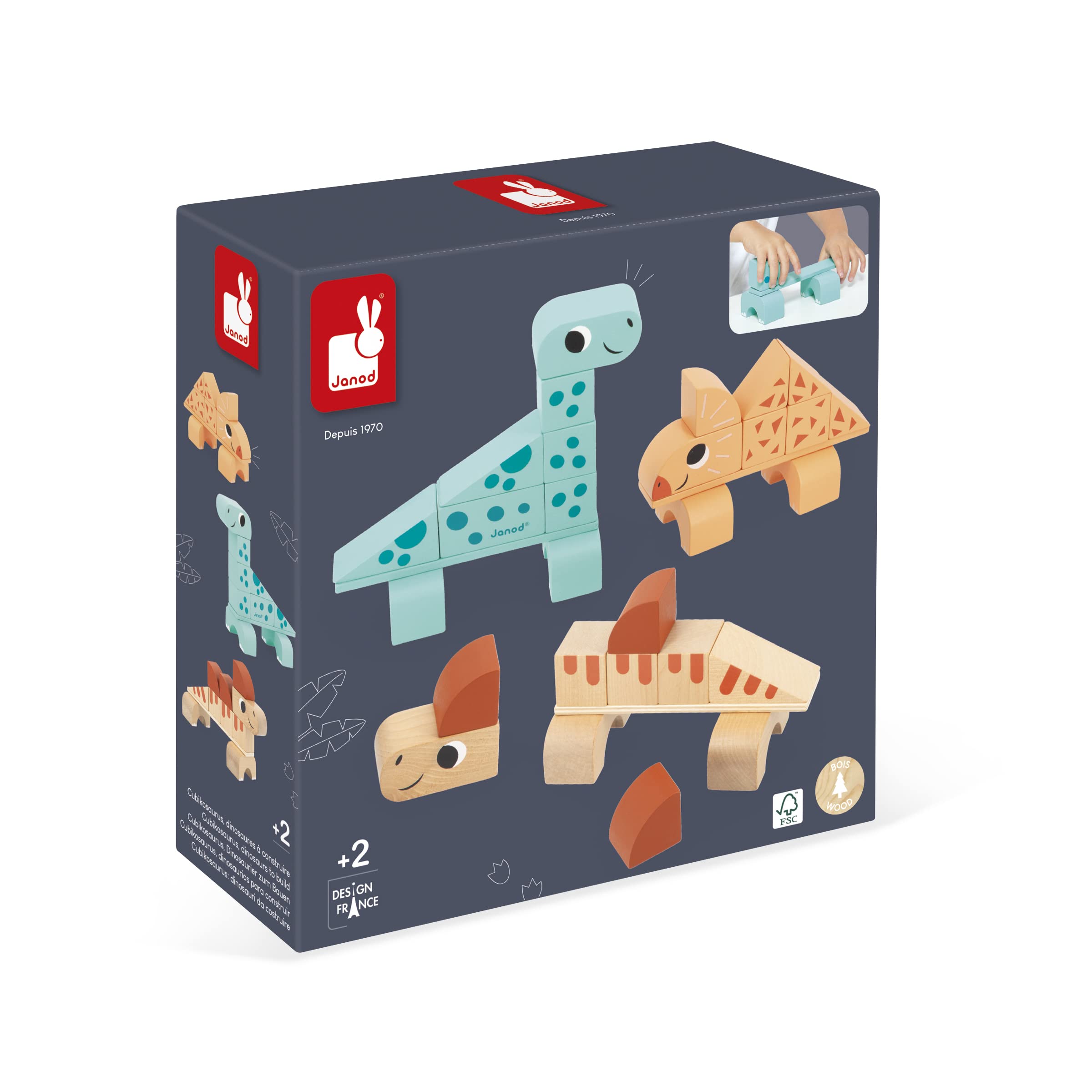 Janod - Cubikosaurus Dinosaur Construction Game - 3 Build-Your-Own Dinosaurs - Stackable Early-learning Toy - FSC Wooden Toy - 24 Months +, J05833